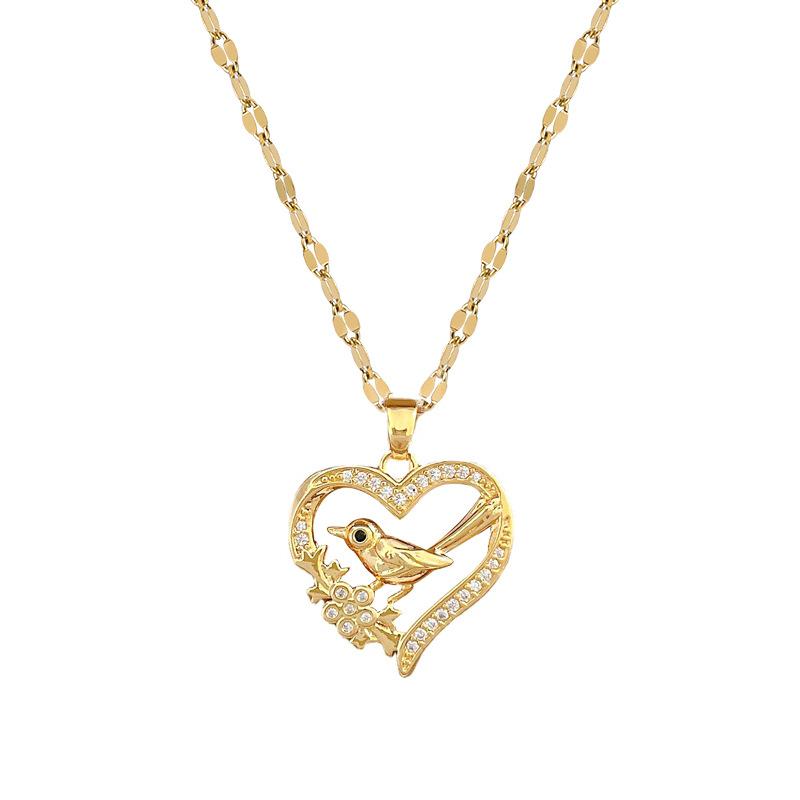 Love Bird Full Diamond Luxury Banquet Wedding Necklace Female Versatile Collarbone Chain Titanium Steel