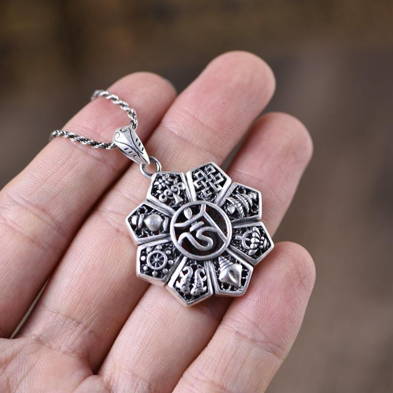 Retro Ethnic Auspicious Eight Treasures Pendant Women Jewelry Fashion Hollow Necklace 925 Silver Chain Male Neck Accessories