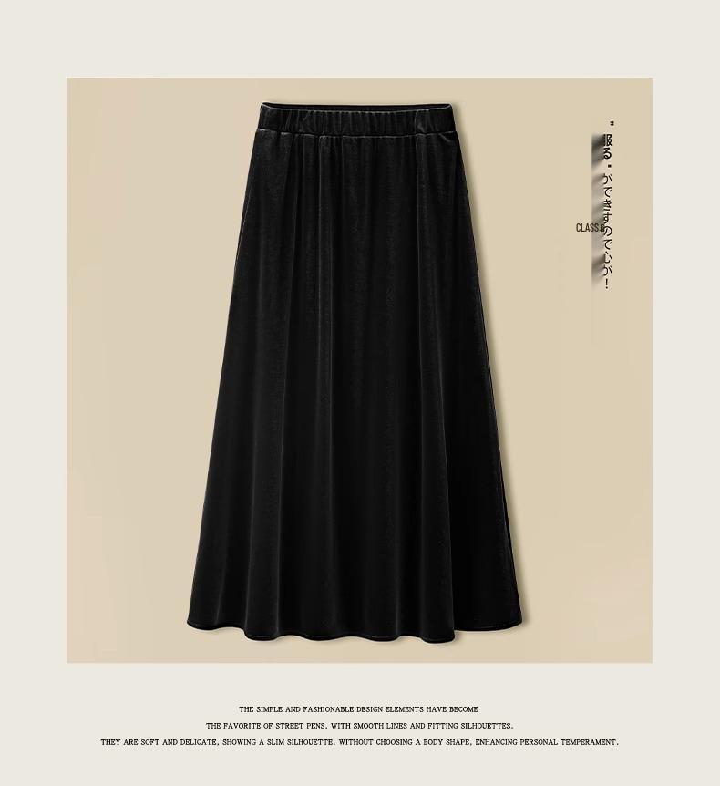 Black A-Line Golden Velvet Elastic Waist Mid-Length Skirt for Women - Plus Size, Spring/Autumn Fashion.