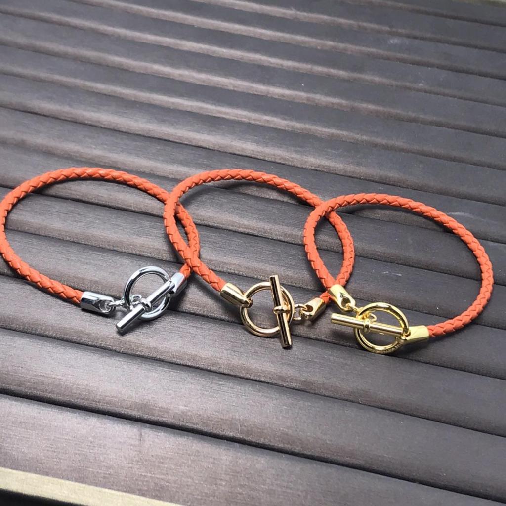 European & American Fashion H-Shaped Leather Cord Bracelet In Enamel V with 18K Rose Gold Plating - Pig Nose Design, Influencer Couple Style