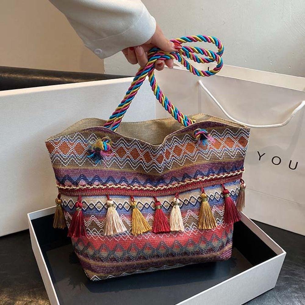 Tassel Ethnic Style Shoulder Bag Stripe Canvas Colorful Handbag Embroidery Tote Bag Outdoor