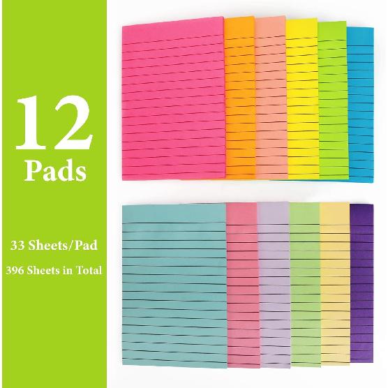NESCCI 12 Pads Lined Sticky Notes 4x6 Sticky Notes with Lines Self-Stick Note Pads 12 Bright Multi Colors Big Rectangular Sticky Note for