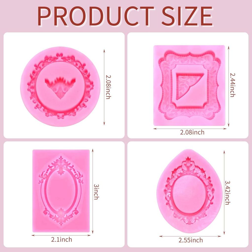 4Pcs Silicone Frame Chocolate Mold, Baroque Style Air Dry Clay Molds Fondant Photo Frame Mold, Frame Mold for Crafts, Baking, Cupcake Topper, Cake