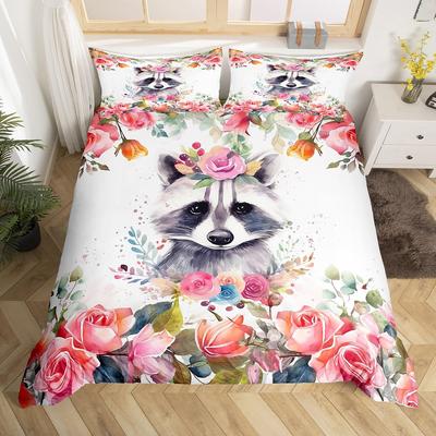 Raccoon Duvet Cover Set Girls Women Cute Cartoon Animal Queen Bedding Set with Pillowcase Pink Rose Flower Decor Duvet Cover