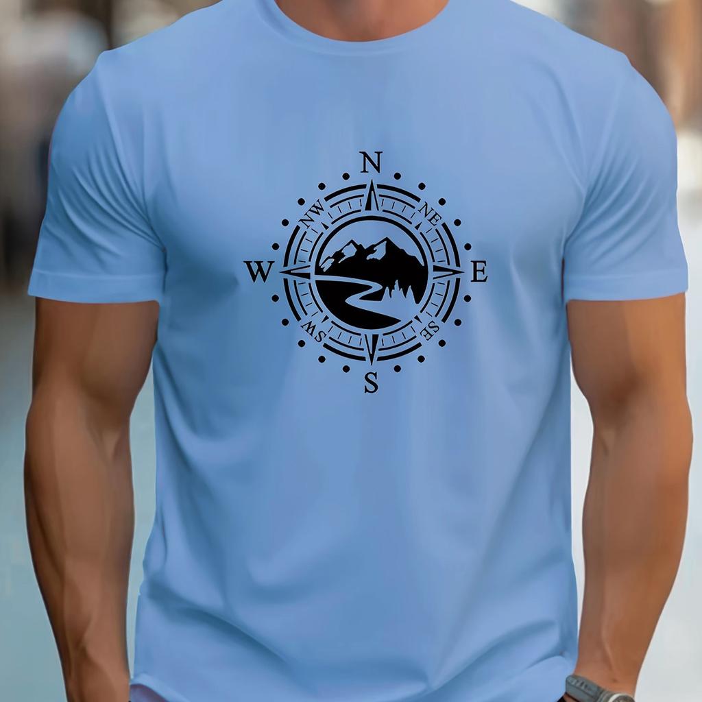 Summer Men's 100% Cotton Casual Loose Large Compass Pattern Printed Sports Comfortable Round Neck Short Sleeve T-shirt Top