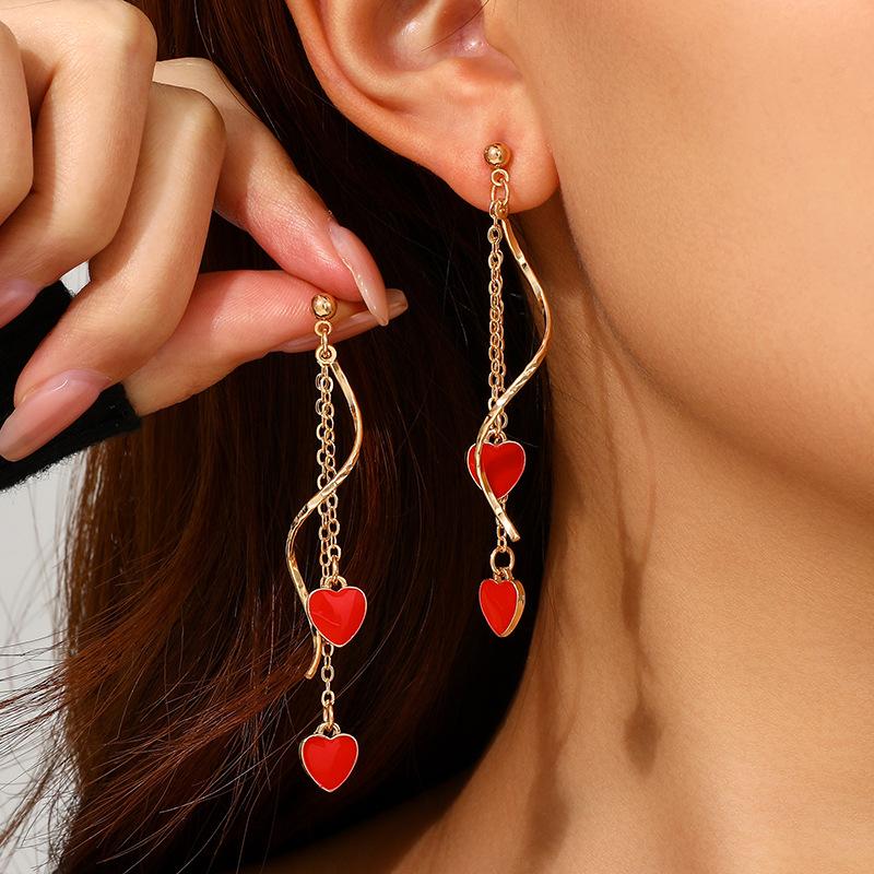 Versatile French Elegant Tassel Line Red Heart Pendant Earrings New Year's Valentine's Day Gift