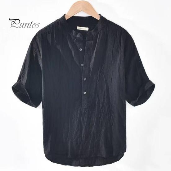 Men Summer Shirt V Neck Stand Collar Short Sleeves Vinatge Solid Color Loose Simple Style Mid Length Pullover Office Daily Wear Top
