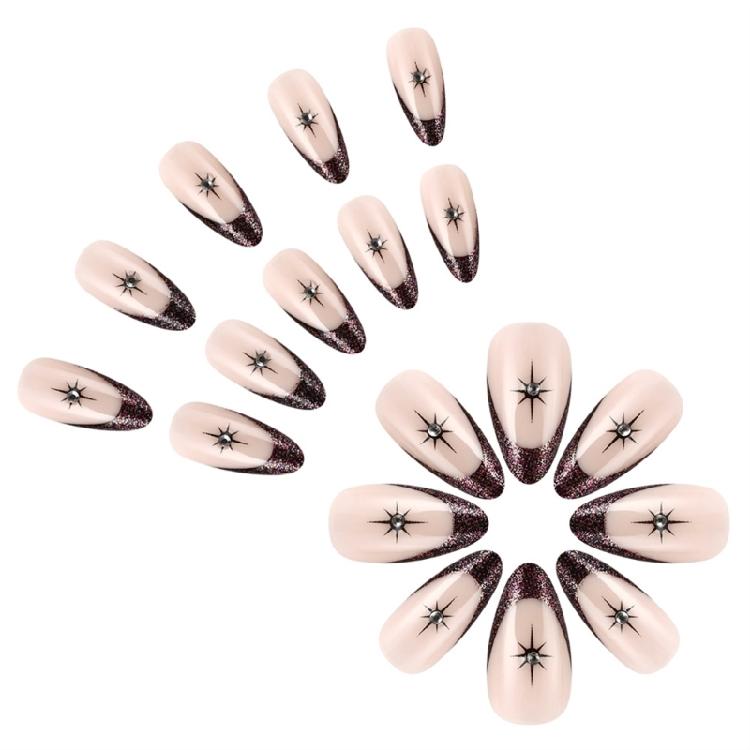 24pcs Short Almond Press On Nail Artificial Nail Glitters Star Designs French Tip Stick on Nail for a Stylish Look