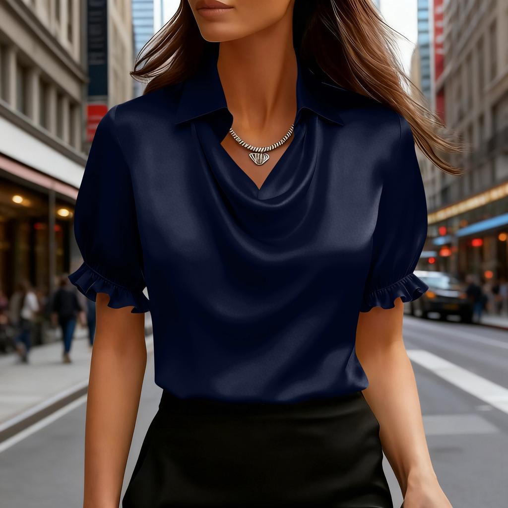 Women's Fashionable Lapel Short Sleeved Temperament Pullover Shirt Top