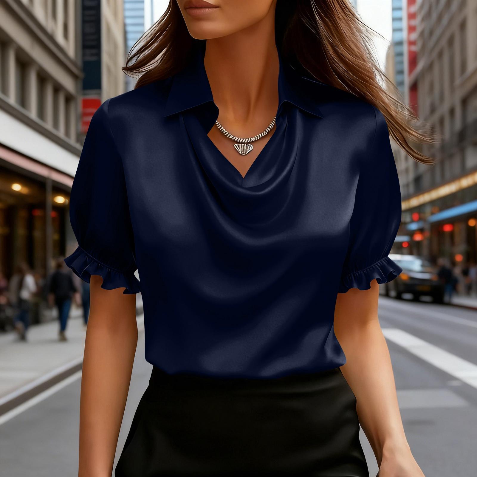 

Women s Fashionable Lapel Short Sleeved Temperament Pullover Shirt Top XL