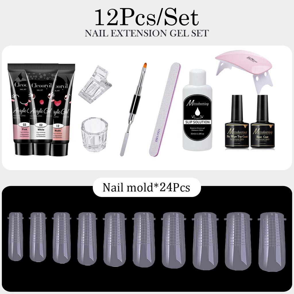 Nail Art Tool Kit 15ml Extension Gel 12Pcs Set Full Nail Polish Tips Kit DIY Manicure Essential Kit Home Beginner Nail Tools Set