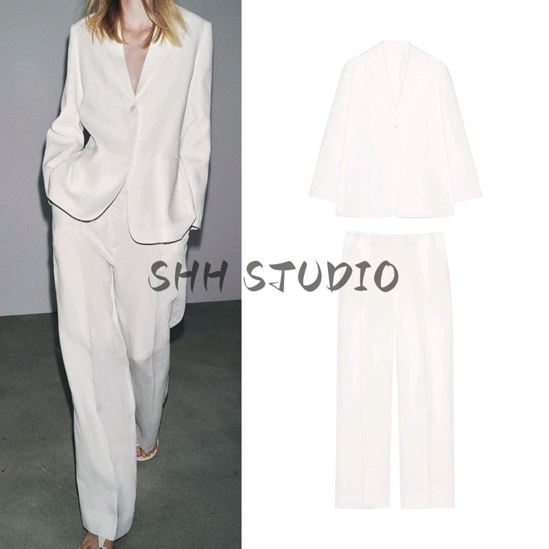 Long Sleeve Indented Lapel Linen Blend Blazers 3736045 Mid-Waist Casual Trousers 3736046