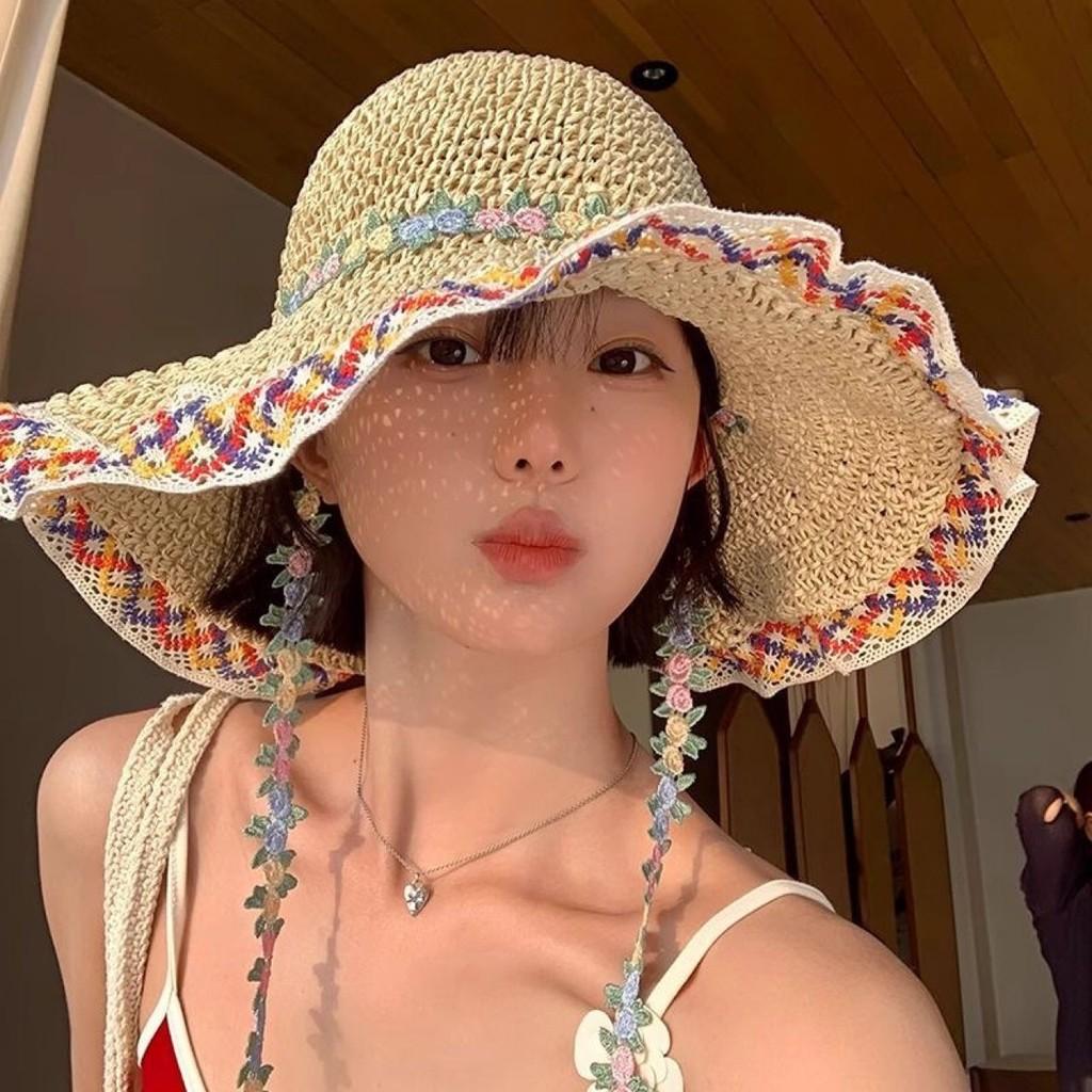 Ethnic Style Wide Brim Straw Hat Summer Sun Protection For Beach Vacation Women