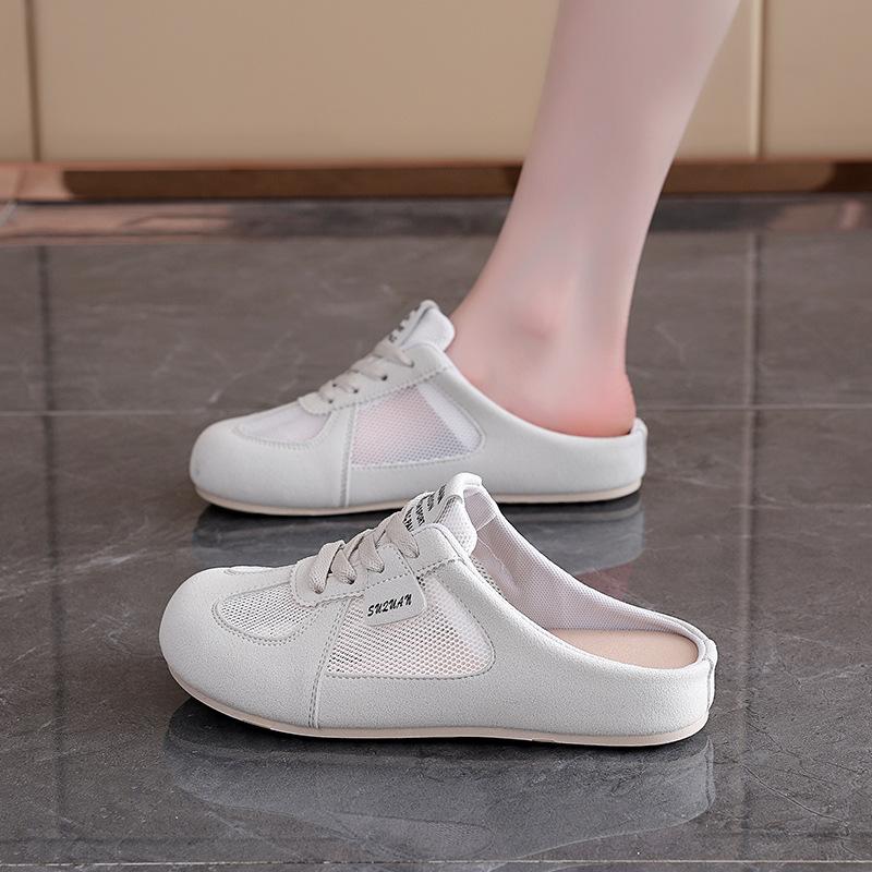 Fashion Women's Shoes Fashion Mesh Breathable Flat Shoes Non Slip Round Toe Outdoor Women's Lace Up Baotou Half Slipper Sandalias Mujer