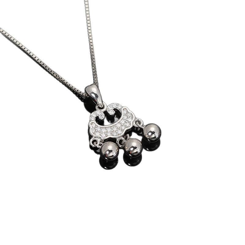 Womens Full Zircon Inlaid Safety Lock Necklace Light Luxury High-end Style Auspicious Cloud Bell Ruyi Longevity Jewelry