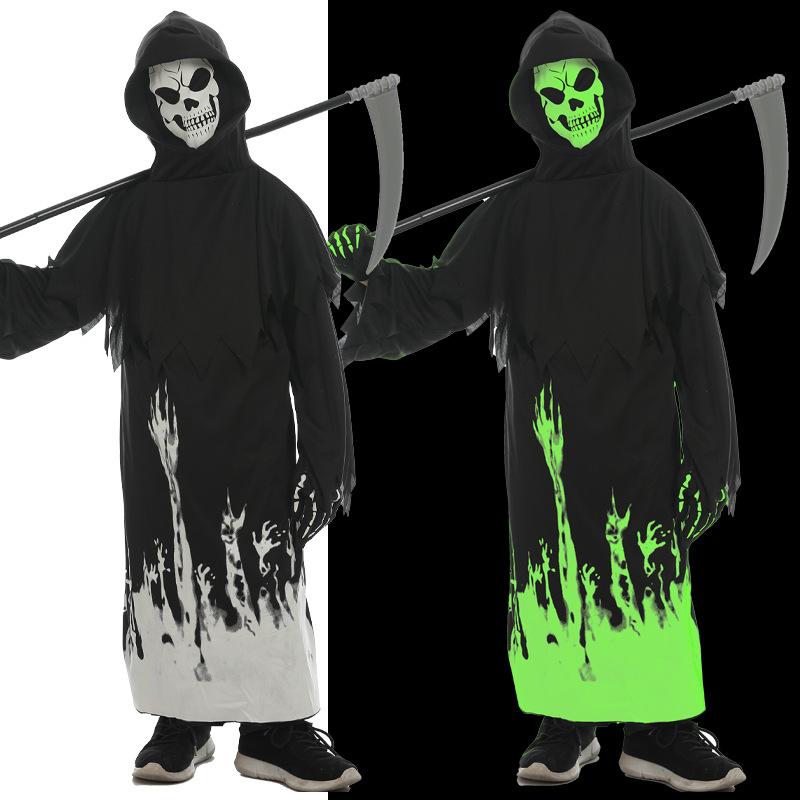 Halloween children's party cosplay costume luminous black robe grim reaper dress up cosplay luminous skeleton