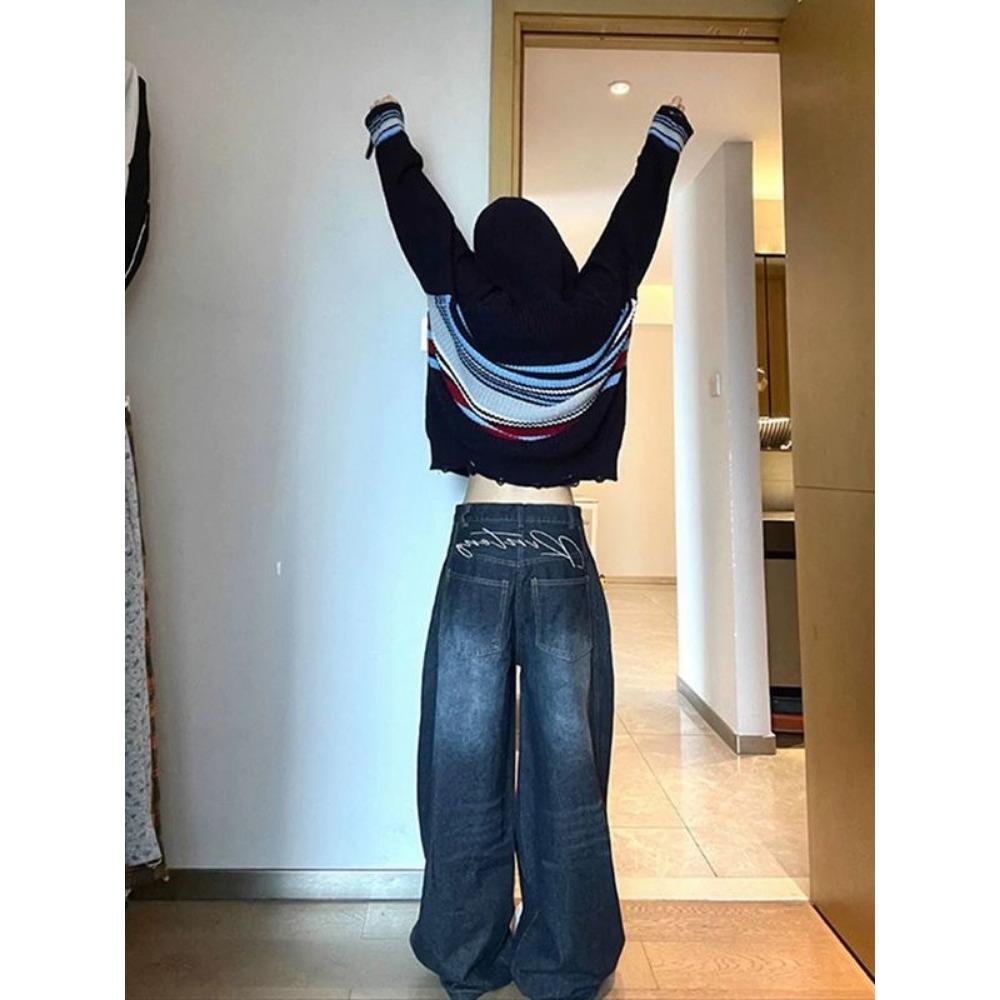 Damen Jeans Hohe Taille Vintage Design Hip Hop Gerade Baggy Denim Hose Street Y2K Amerikanischer Stil Weite Bein Jeanshose