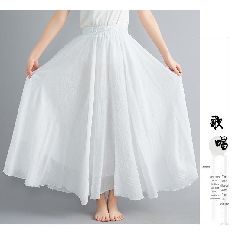 Mori Girl Plus Size Cotton Linen Midi Skirt - Elastic Waist, A-line, Solid Color, Ethnic Style, Long Length