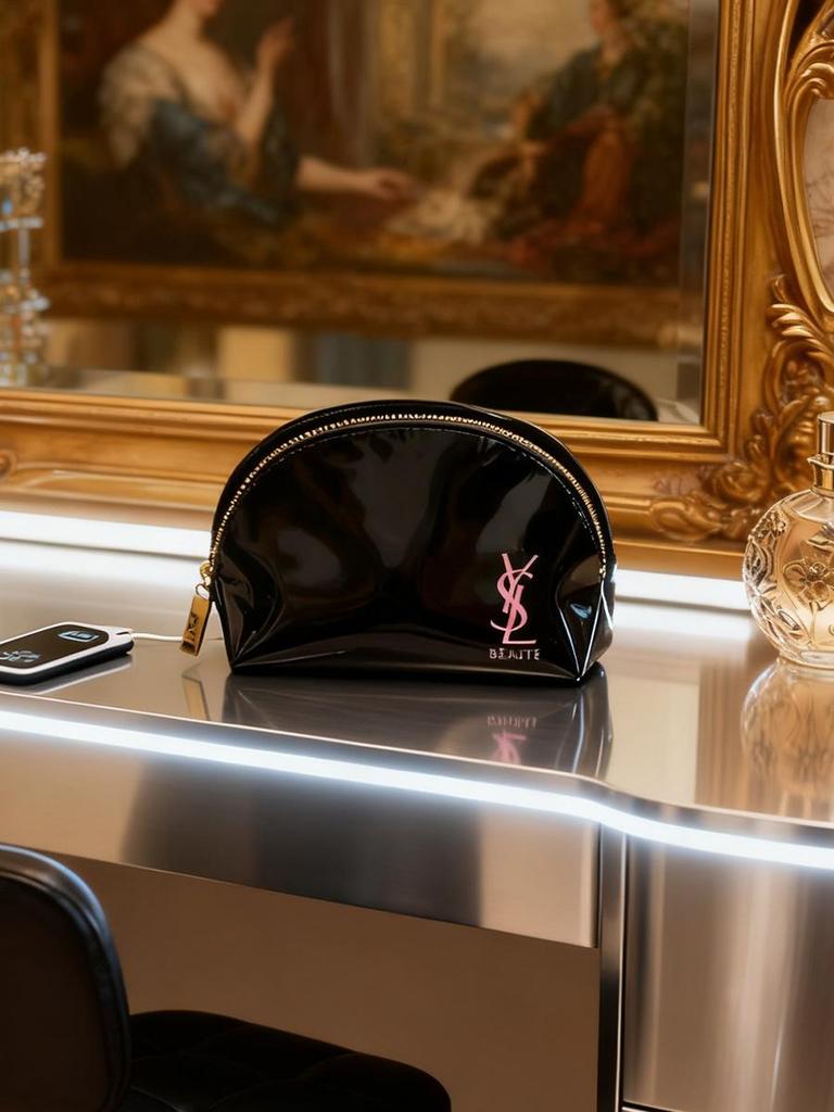 YSL Black PU Shell Makeup Bag - High-Gloss Large Capacity Clutch & Toiletry Case Christmas