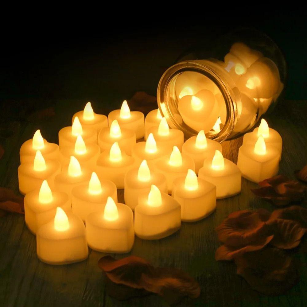 24Pcs Heart Shape Heart LED Candle Light Plastic LED Flameless Tealight Candles  Table Decorations