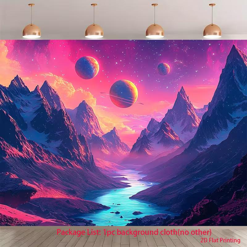 2D Fantasy Space Backdrop Neon Planets Mountain River Party Background 47.2x31.5inch/120*80cm