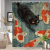 2D Flat, 1pc 2D Flat Cat and Koi Fish Shower Curtain Vintage Style Bathroom Decor Bathtub Divider Curtain with 12 Hooks 70.8x70.