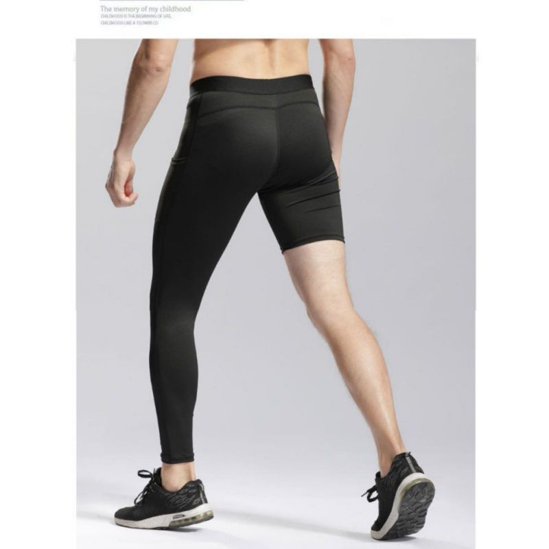 Herre Fitness Sport Treningsbukser med Lomme Elastisk Hurtigtørkende Kompresjonsbukser Bukseben Lang og Kort
