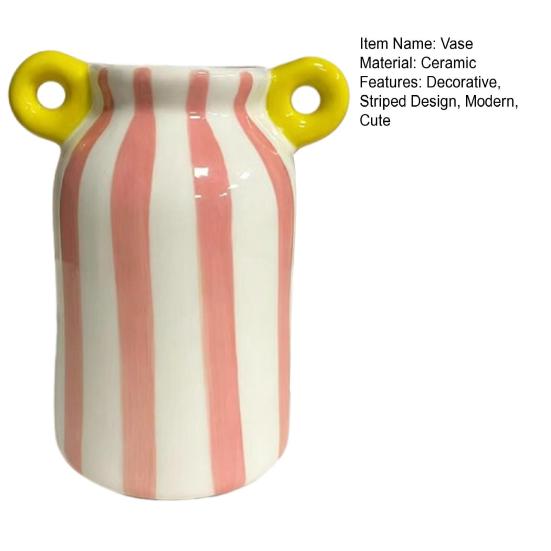 Ceramic Striped Flower Vase with Dual Handles Hand Painted Small Decorative Vase
