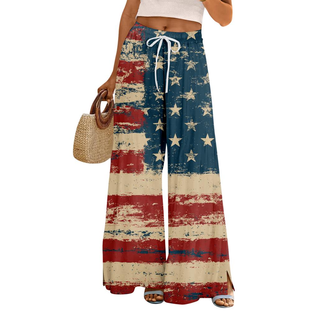 Women Summer Boho Palazzo Pants High Waist Wide Leg Floral Printing Casual Trousers With Pockets