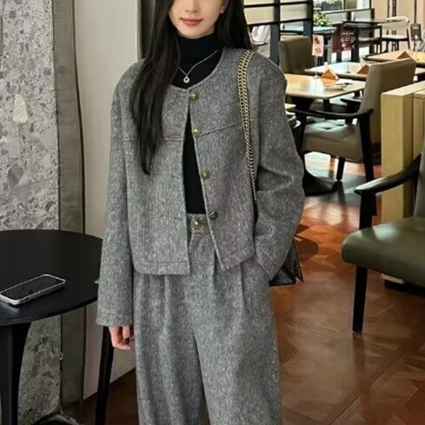 Women's Autumn/Winter Tweed Suit: Little Fragrance Style Coat & Wide-Leg Pants Set