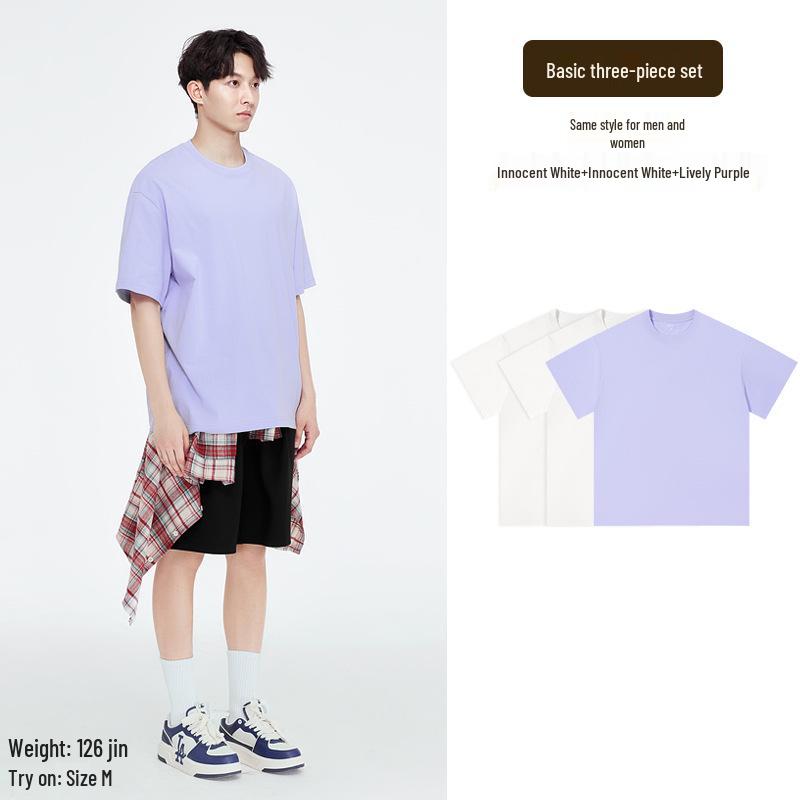 Aesthetics of Cotton: Unisex Summer Heavyweight Pure Cotton Three-Piece Short Sleeve T-Shirt Set, Basic Solid Colors