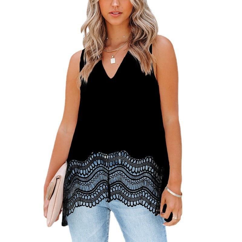 2023 Sommer V-Ausschnitt Chiffon Mode für Frauen Spitze Ärmelloses Shirt Einfarbig Locker Lässig Elegant und Jugendlich Top Blusen 25466