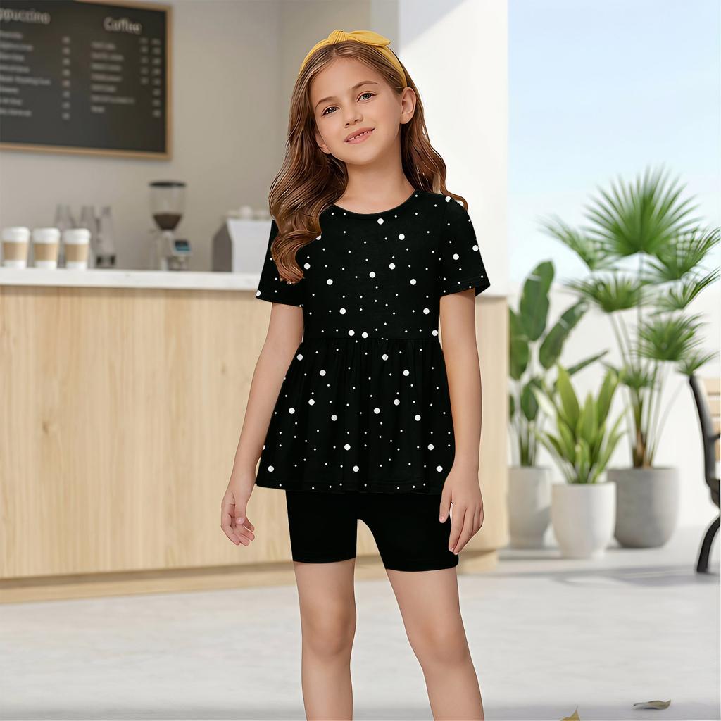 Completo Estivo per Bambina Set Top a Maniche Corte con Volant e Stampa Pois e Pantaloncini Due Pezzi Abbigliamento Casual per Bambini