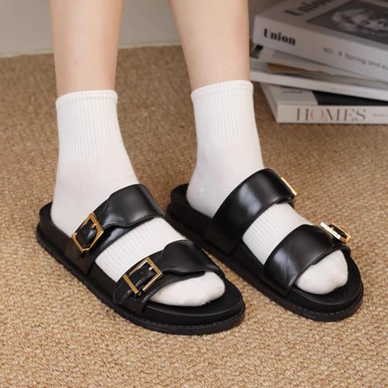 Fashion 2025 Summer Hook&Loop Sandals Women Double Belt Buckle Shoes Flats Platform Slides Beach Flipflops Ladies Comfy Slip On Slippers