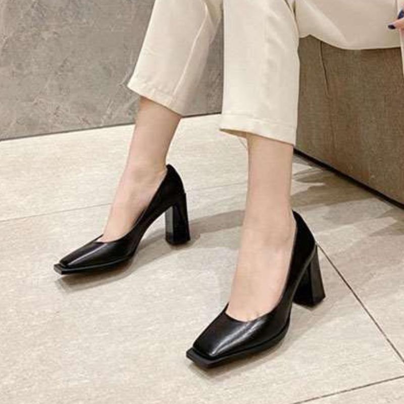 Silver High Heels Korean Design Sensation Shallow Mouth Chunky Heel Square Head Women's Shoes Versatile Business Casual Summer