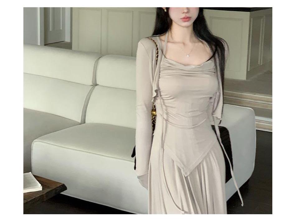 

Women s Khaki Sun Protection Cardigan, Irregular Camisole, and Wide-Leg Pants 3-Piece Set M