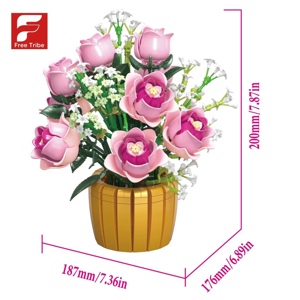 Non-Toxic 1056Pcs Pink Rose Potted Building Blocks Flower Vase Model Bricks Desktop Ornament Romantic Gift Educational Diy Toys For Kids
