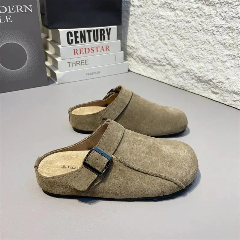 

Модные женские шлепанцы баотоу, весенняя новинка, круглый носок, глубокий вырез, металлическая пряжка, мягкая подошва, нескользящая плоская обувь 35 хаки