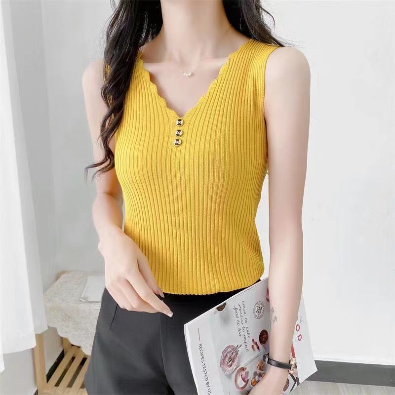Ice Silk Small Suspender Sleeveless Vest for Women's Summer Outer Wear with Loose Short V-neck Knitted Bottoming Shirt Top