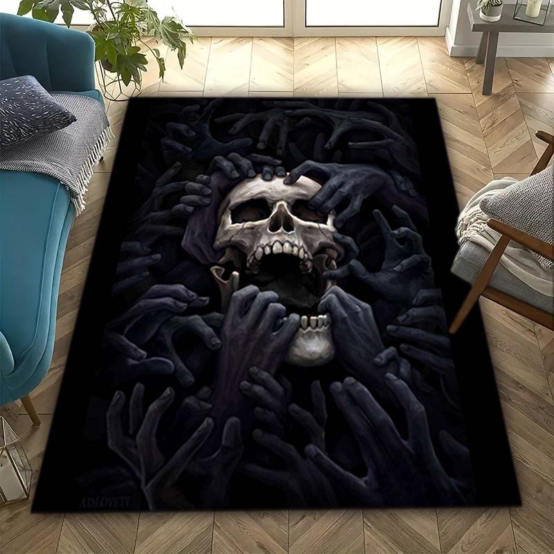 1PC Skull Dark Gothic Pattern Printed Carpet Rug for Living Room Bedroom Home Sofa Decoration,Non-slip Floor Mat Floor Mat