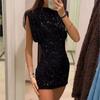 Round Neck Holiday Party Dress Fly Sleeve Silm Evening Dress Shining Sequin Mini Dress  Daily