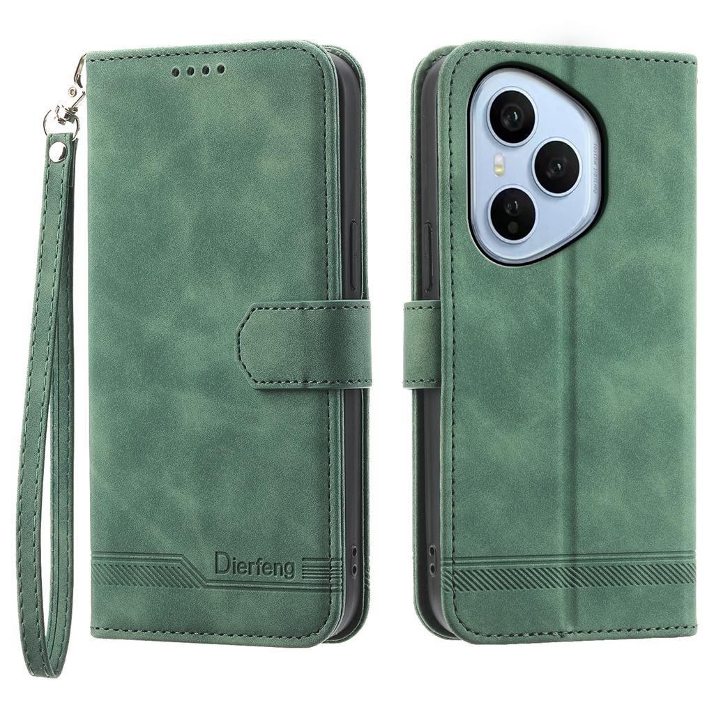 DIERFENG DF-03 For Honor 400 Pro 5G (Global) Case Lines Imprint Wallet Leather Phone Cover with Wrist Strap