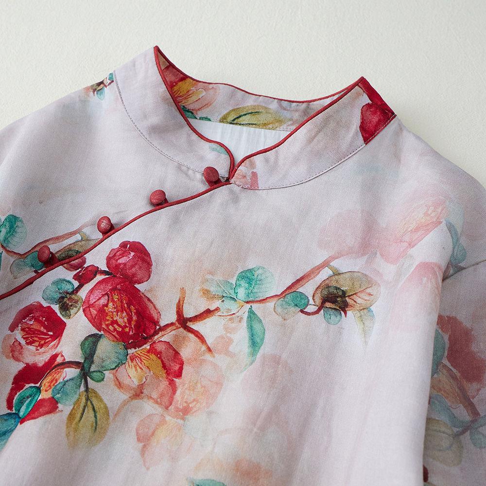 Japanese original literary and retro cotton and linen dress loose printing Chinese diagonal placket improved cheongsam long dress pomegranate red
