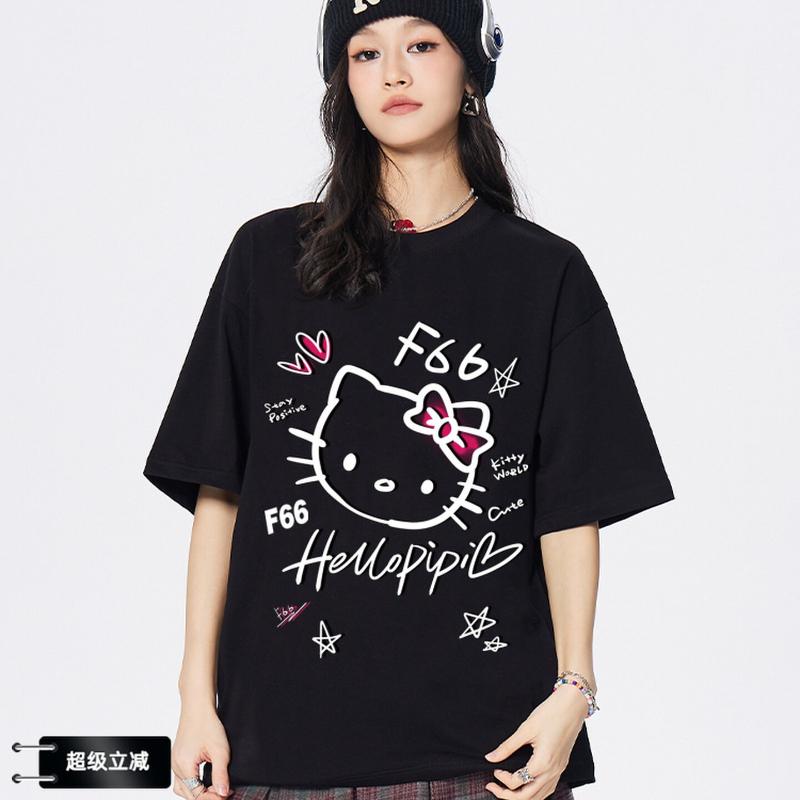 Kitty Cat Printed T-shirt with Round Neckline and Short Sleeves - Cute and Sweet Style for Women s Outfit XXS