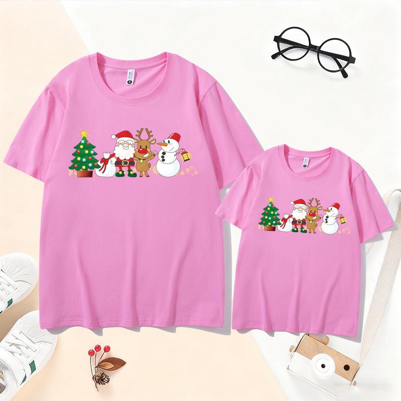 Family Christmas Reindeer T-Shirt Set: New Year Parent-Child Santa Claus Outfit for 3-4 Members, Mother-Daughter Short Sleeve.