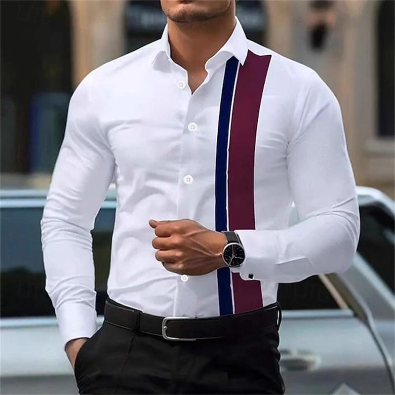 Men s fashionable contrast color striped long sleeve shirt European and American style business casual trendy casual men s shirt 1XL