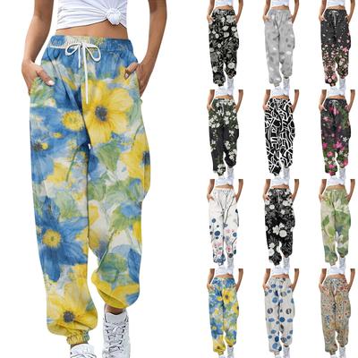 Women's Sports Pants With Pockets Fashion Floral Print Elastic Waist Pants Casual Sweatpants Pants