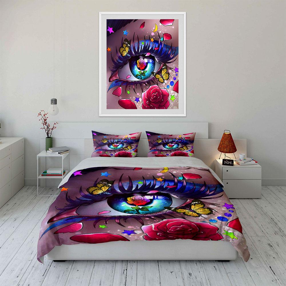 3Pcs Magical Eye Bedding Set, Anime Style Eye with Rose and Butterflies Print Duvet Cover + 2 Pillowcases, Fantasy Decor