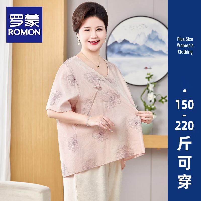 ROMON Women s Plus Size Embroidered Short Sleeve Cotton Shirt 5XL