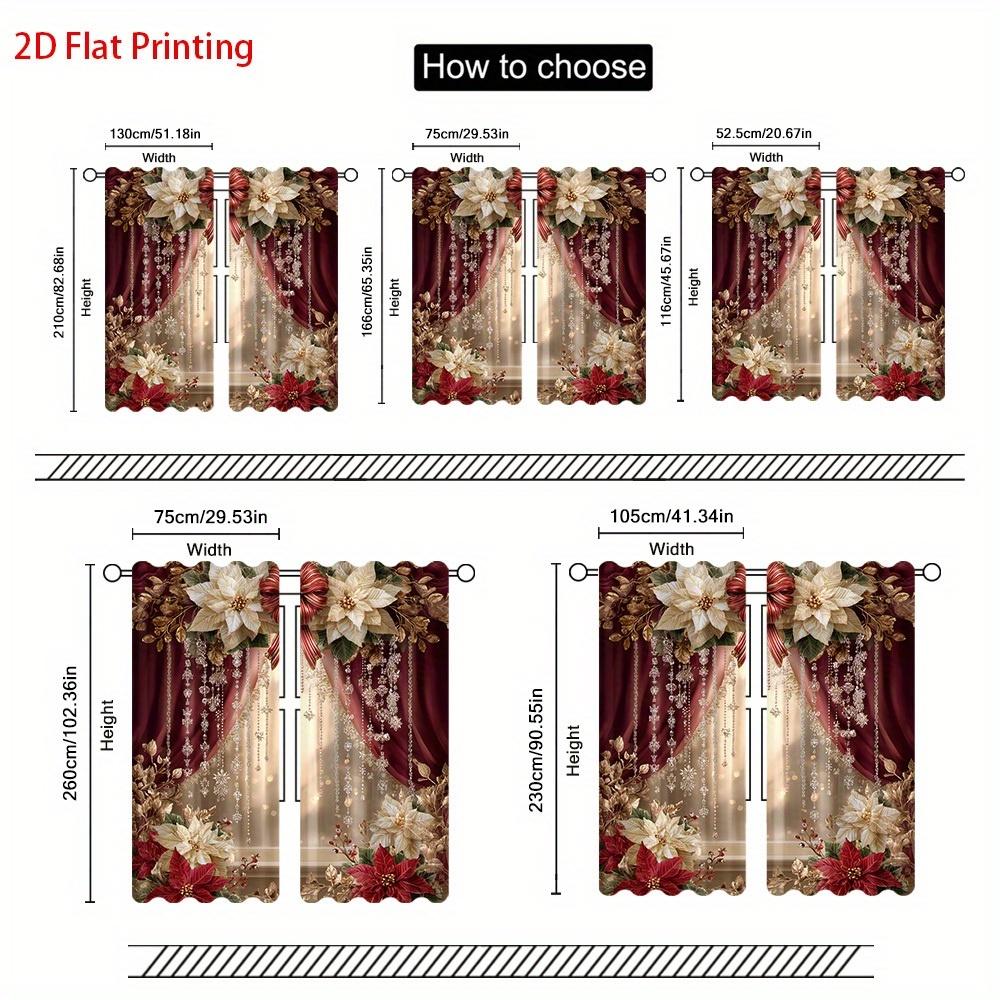 2pcs Elegant Christmas Print Curtains – Poinsettia & Gold Floral Design for Bedroom   Living Room   Kitchen & Office